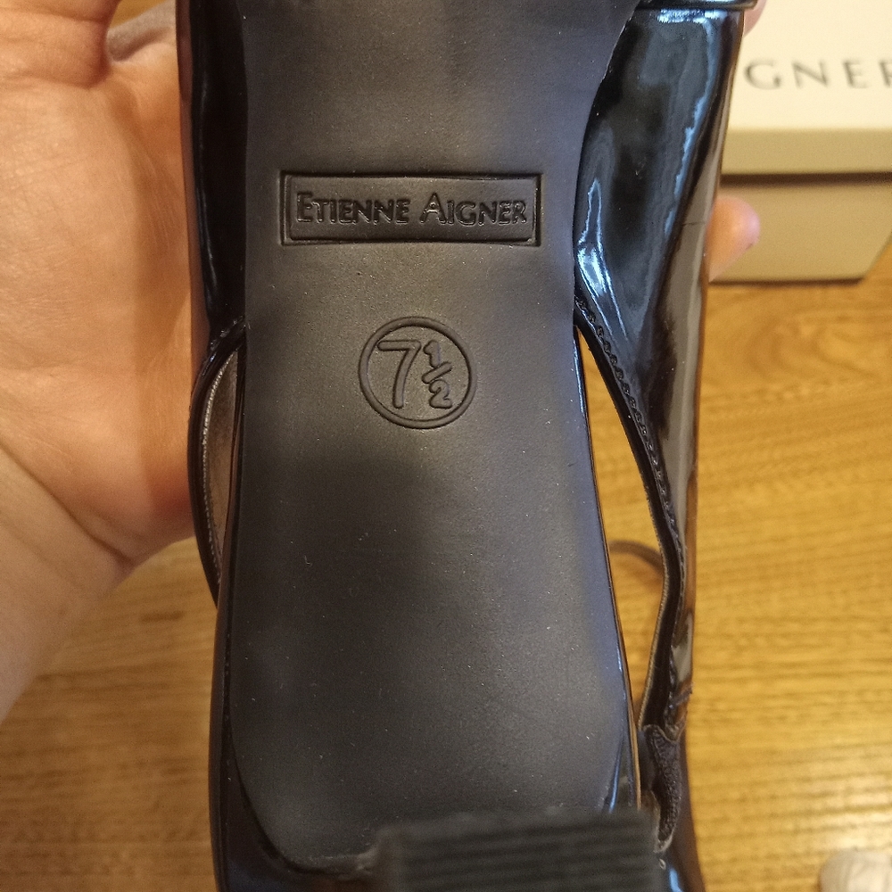 Eitienne Aigner Shiny Black Open-Toe Heeled Sandals Size 7.5 - Picture 11 of 11